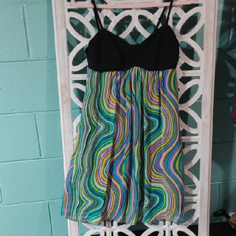 Roulette Classic Flowy Babydoll Black/ Colorful Swirl Pattern Dress